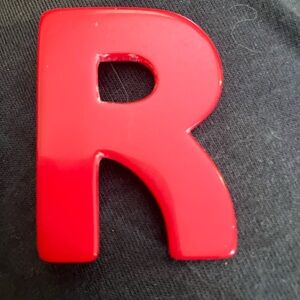 Pin brooch, vintage celluloid initial R red